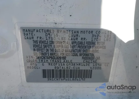 2016 Nissan Versa 1.6 S/1.6 S+/1.6 Sl/1.6 Sv z USA, uszkodzony, nr VIN 3N1CN7AP6GL826192